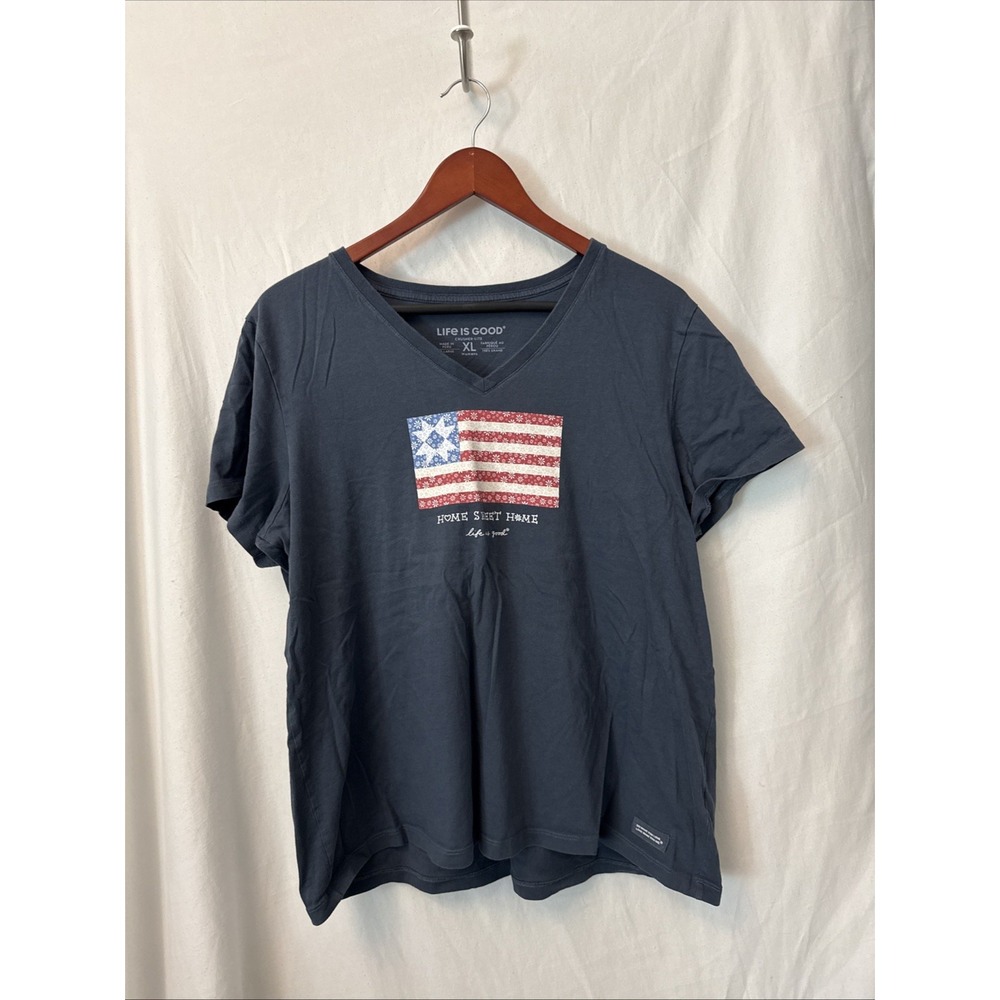 Life is Good Womens XL Crusher Lite Tee American Flag Home Sweet Home Blue-pride